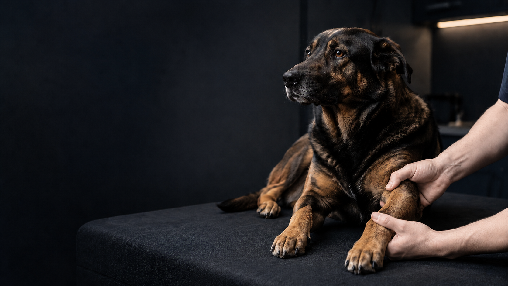 Cão durante avaliação ortopédica cuidadosa de um membro após trauma