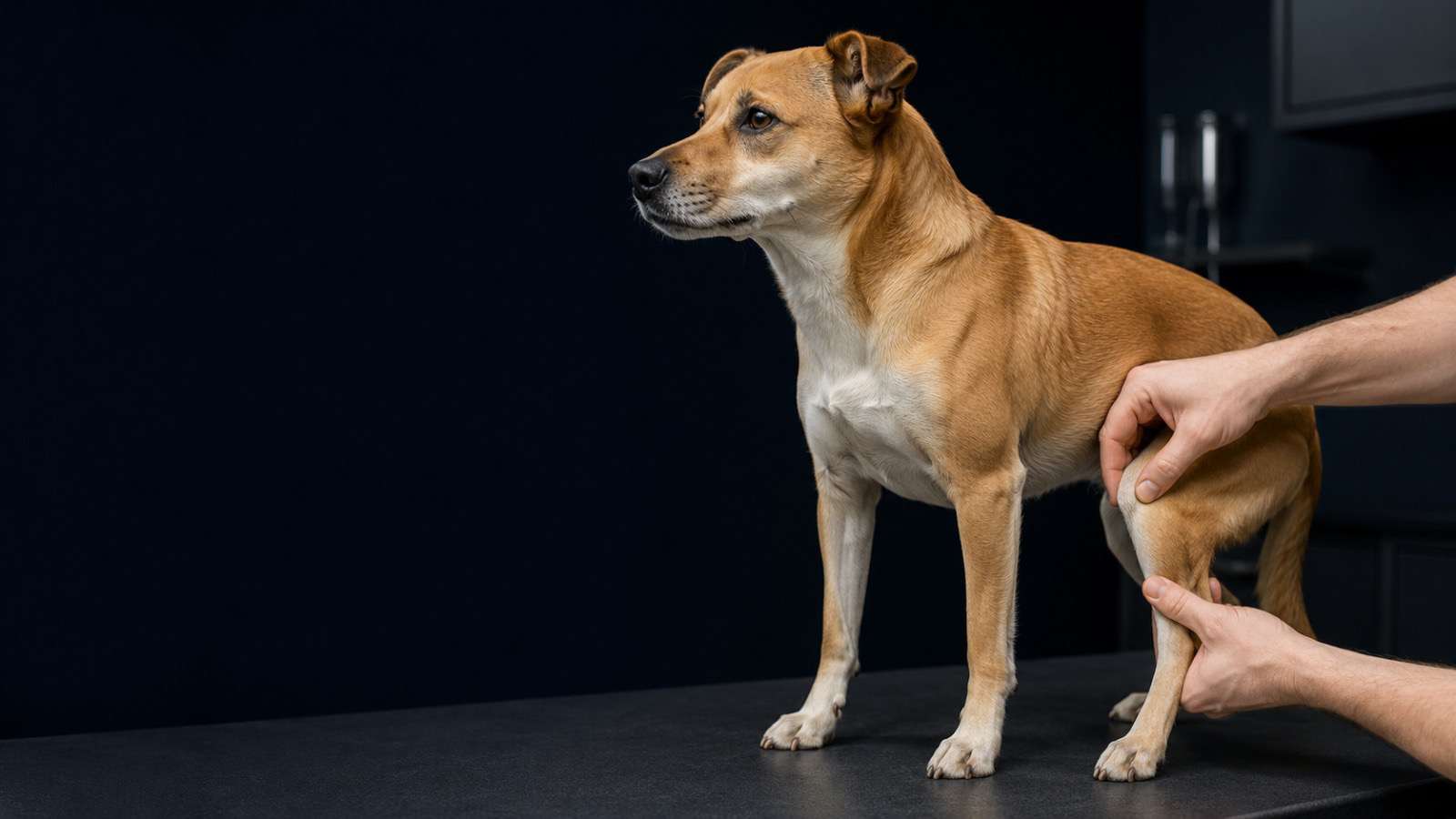Cão durante avaliação ortopédica do joelho e da região patelar